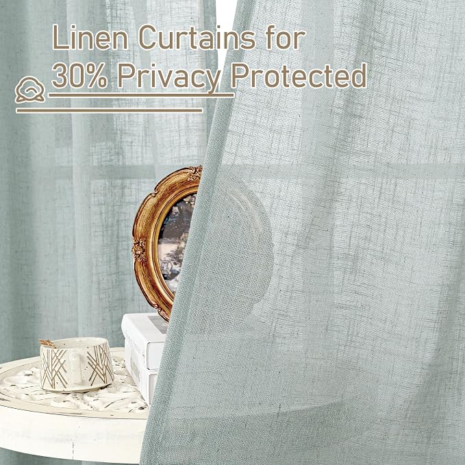 Greyish Blue Linen Boho Curtains 80 inch Length 2 Panels for Doorway | Light Filtering, Semi Sheer Panels, Neutral Drapes for Bedroom, Living Room, Farmhouse, Rod Pocket Back Tab, 34 x 80 Inch