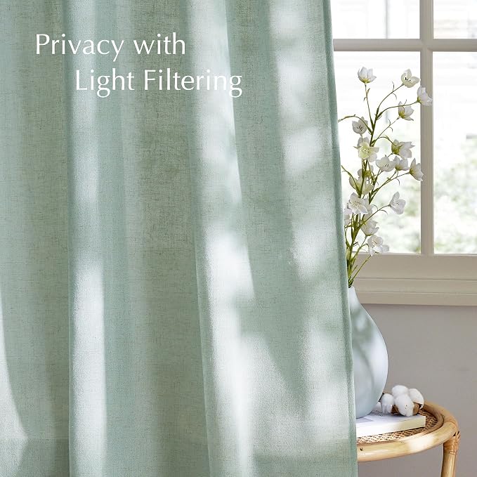 NICETOWN Linen Blend Sage Green Curtains 96 inches Long, Rod Pocket & Back Tab Light Filtering Semi Sheer Window Treatments Privacy Added Drapes for Living Room, W55 x L96, 2 Panels
