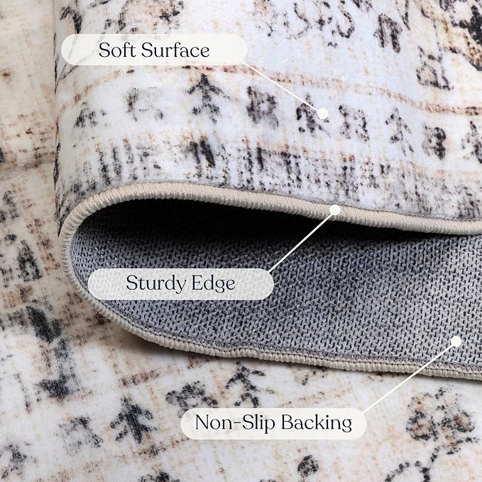 Machine Washable Area Rug, Soft & Durable, Non-Slip, Stain Resistant Rug for Bedroom, Living Room, Dining Room, High Traffic Areas. (Beige/Brown, 2.5' X 7')