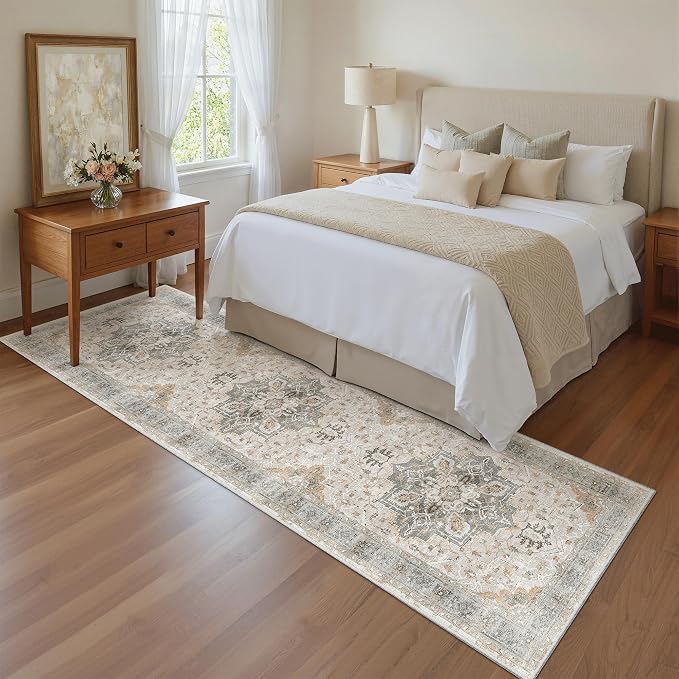 Madane Hallway Runner Rug 2x8 Washable Kitchen Rugs Soft, Light Taupe Brown | Vintage Machine Washable Low-Pile Floor Carpet 8ft, Non-Slip Thin Throw Entry Foyer Mat for Entrance Laundry Living Room
