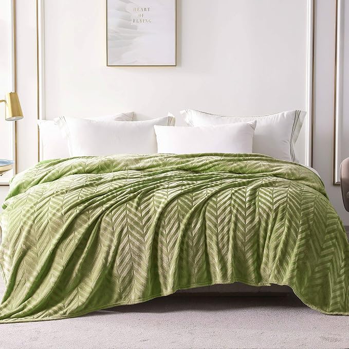 Whale Flotilla Flannel Fleece Bed Blanket Twin XL Size, Olive Green | Lightweight Breathable Soft Bedspread, Plush Fluffy Coverlet Chevron Design Decorative Blanket for All Season, 90x66 Inch