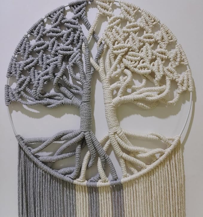 GUKALYLY Tree of Life Macrame Wall Hanging,Chic Handmade Woven Boho Home Décor,Eclectic Wall Decor for Bedroom Nursery Apartment Dorm Decoration,Gift for Teen Girl Mom(13" W X 31.5" L) (Grey&White)
