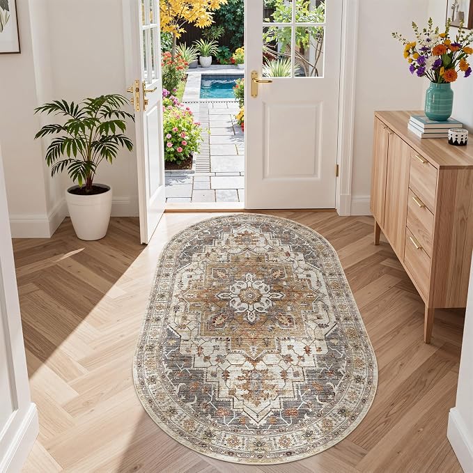 Madane Washable Oval Rug 3x5 for Entryway Small Area Rugs, Turmeric/Grey | Vintage Entryway Bedroom Non Slip Door Mat Indoor Entrance, Kitchen Runner Living Room Laundry Playroom Soft Floor Carpets