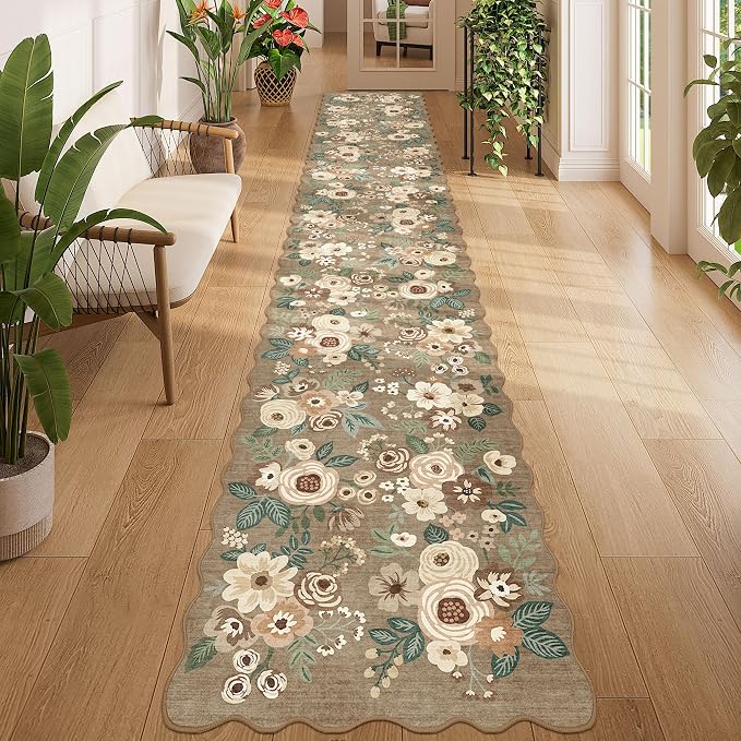 DUKINO 2x12 Washable Runner Rug, Long Runner Rug for Hallway, Light Taupe | Non Slip, Low Pile, Soft Floral Throw Rug Runner for Kitchen, Entryway, Bedroom, Bathroom, Pet Friendly, Modern Home Decor