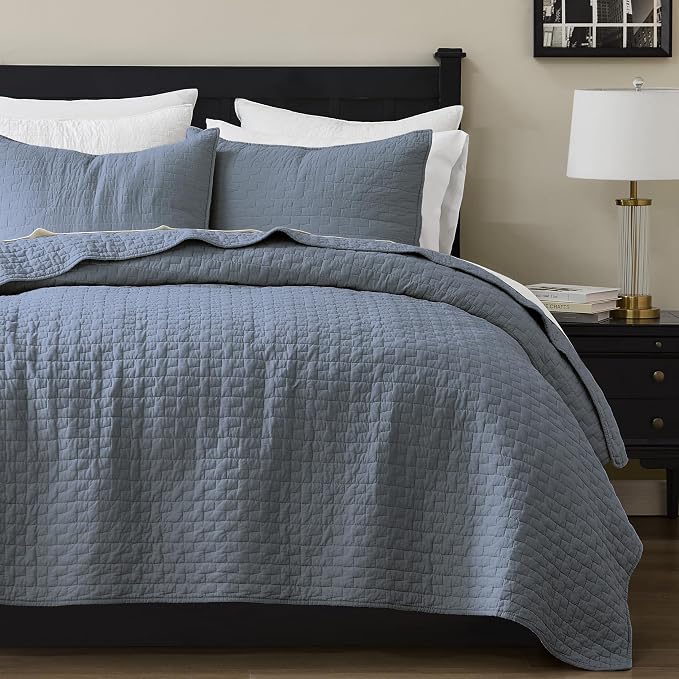 palassio Blue Grey 100% Cotton Quilt Twin Size Bedding Sets with 1 Pillow Sham, Textured Lightweight Soft Bedspread Shabby Chic Coverlet, Quilted Comforter Bed Cover for All Season, 2 Pieces
