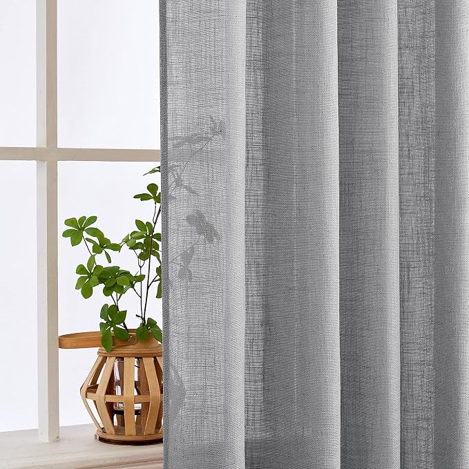 MIULEE Grey Linen Curtains 52x96 Inch Long with Linen Window Drapes Gray | Bedroom Living Room, Thick Textured, Semi Sheer Light Filtering, Back Tab Rod Pocket, Burlap Look Decor, 2 Panels