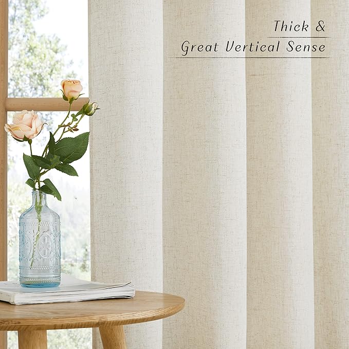 NICETOWN Natural Linen 144 inch Long Curtains for Bedroom, Rod Pocket & Back Tab Thick Flax Privacy Semi Sheer Window Treatments with Light Filter for Living Room, W55 x L144, 2 Panels