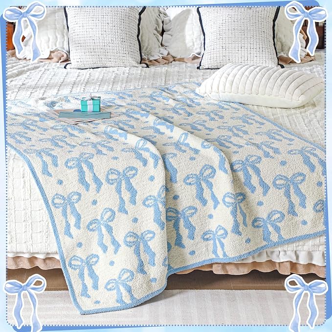 Buryeah Blue Bow Blanket Soft Microfiber Double Sided Bow Throw Blanket 50"x 60" Coquette Aesthetic Dormitory Room Decor Plush Sofa Chair Bedding Stuff for Women, Christmas Fall Thanksgiving Gifts