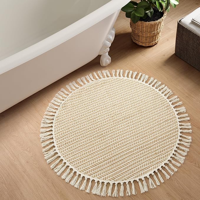 Lahome Boho Round Rug 3ft, Small Circle Washable Rugs for Entryway Kitchen | Indoor Door Bath Mat Woven Cotton with Tassels, Farmhouse Decor Area Rug Non Shedding Carpet for Bedroom Entry Dorm, Khaki
