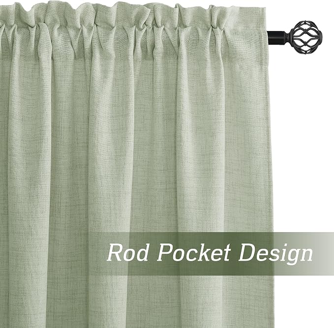 RYB HOME Linen Sheer Curtains 108 inches Long for Living Room | Breathable, Weave Textured, Rod Pocket, Semi Sheer, Sage Green, for Dining Room, W52 x L108, 2 Panels Set
