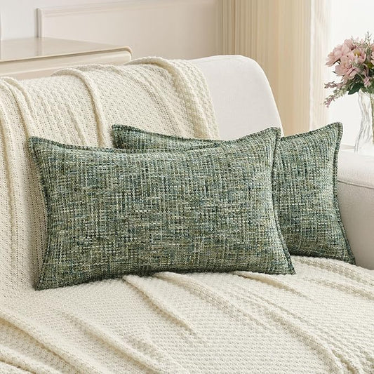 FUTEI Pack of 2 Chenille Tweed Vintage Throw Pillow Covers 12x20 Inch Soft Decorative Lumbar Pillowcase Modern Farmhouse Accent for Couch Bed Living Room, Dark Green