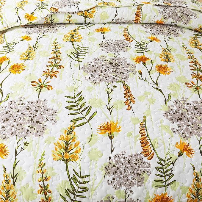 NEWLAKE Quilt Bedspread Sets-Yellow Flower Pattern Reversible Soft Coverlet Set,King Size