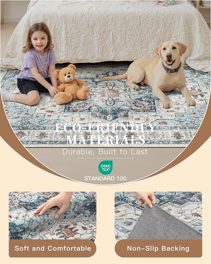 Madane Kitchen Runner 2'6''x8' Soft Rug Runners for Hallways, Blue | Vintage Machine Washable Rugs 2.5x8 Ft, Non-Slip Low Pile Stain-Resistant 8ft Floor Carpet for Laundry Room, Corridor
