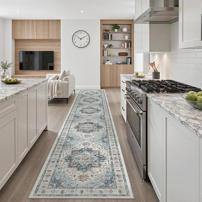 Madane Hallway Runner Rug 2'6''x16' Kitchen Runners Vintage, Blue | Long Non-Slip Washable Rugs 16ft for Entryway Laundry and Bedroom, Soft Low Pile Stain-Resistant 2.5x16 Ft Floor Carpet