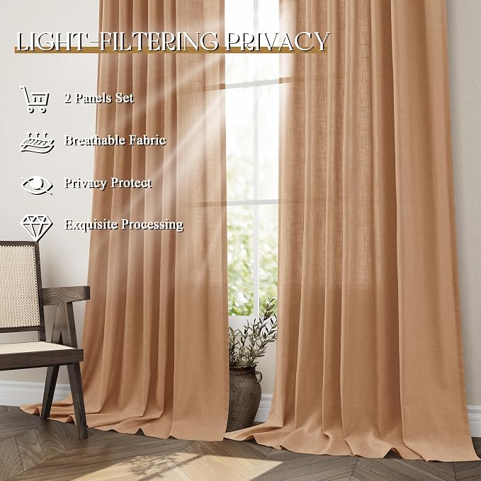 Jowels Camel Linen Curtains 84 Inch Long 2 Panels for Living Room | Light Filtering Semi Sheer Curtain, Back Tab Pocket Pleated Look, Boho Farmhouse Textured Privacy Drapes for Bedroom Window
