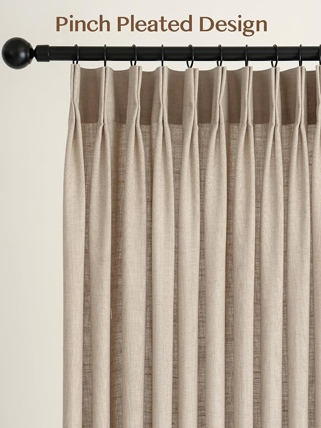 Liz Pinch Pleated Linen Curtains Light Filtering Curtains for Living Room, Farmhouse Window Curtains for Bedroom, Modern Drapes with Hooks and Rings, 95 Inches Long, Burlywood Birch, 2 Panels Set