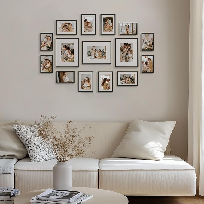 eletecpro Aluminum Gallery Wall Frame Set of 15 with Glass Cover, Black | Including 3Pcs 8x10, 6Pcs 5x7, 6Pcs 4x6 Photo Frames, Multiple Sizes Picture Frames Collage Wall Decor or Tabletop Display