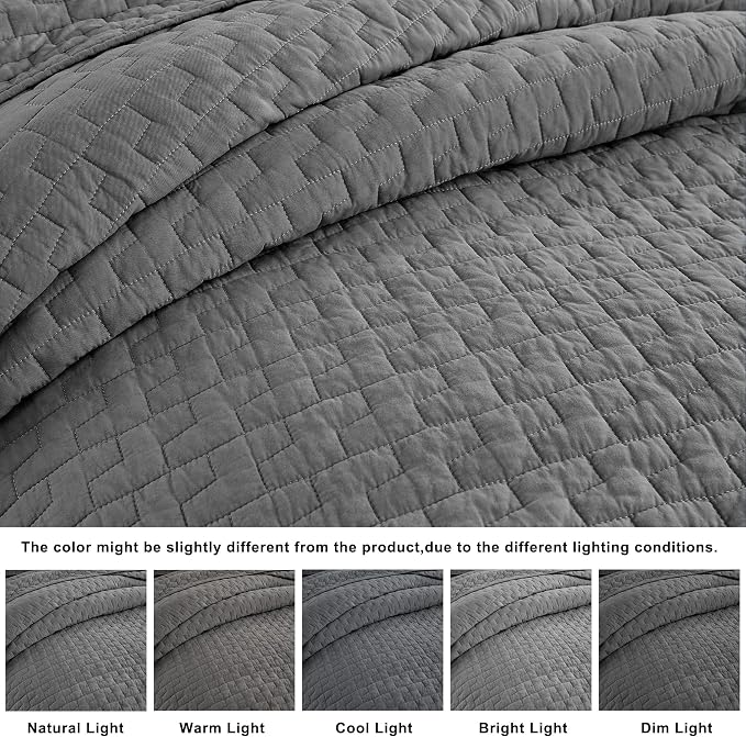 palassio Dark Grey 100% Cotton Quilt Queen Size Bedding Sets with 2 Pillow Shams, Textured Lightweight Soft Bedspread Shabby Chic Coverlet, Quilted Comforter Bed Cover for All Season, 3 Pieces