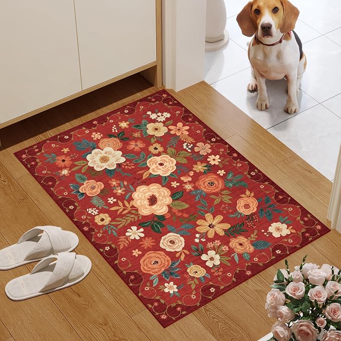 DUKINO 2x3 Entryway Rug, Floral Door Mat Soft Washable Rug Non Slip, Red | Low Pile, Non-Shedding Small Rug for Kitchen, Entrance, Bedroom, Bathroom, Pet Friendly, Stain Resistant, Modern Home Decor