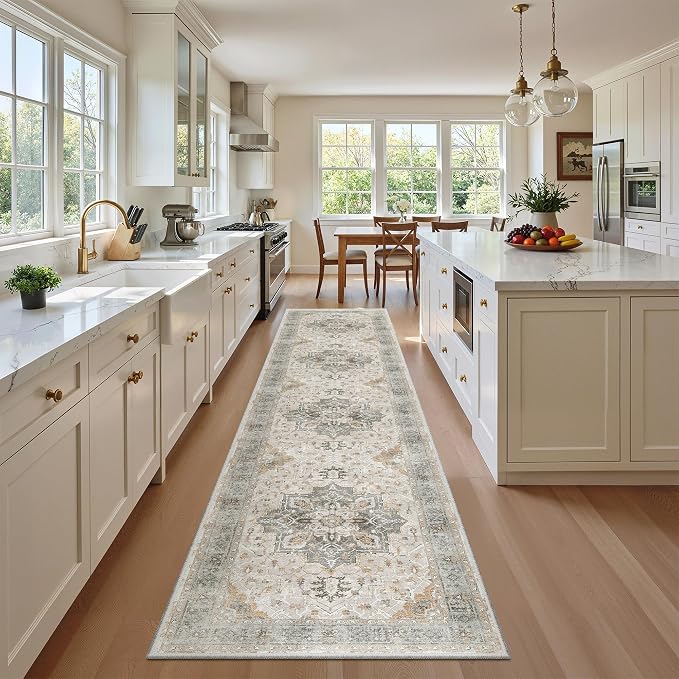 Madane Washable Runner Rugs 2x12 Long for Hallway Kitchen Light Taupe Brown | Non-Slip Vintage Printed 12ft Long Rug Runners with Rubber Backing, Soft Thin Low-Pile Floor Carpet Laundry Room Entryway