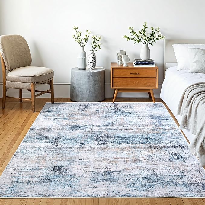Machine Washable Area Rug, Soft & Durable, Non-Slip, Stain Resistant Rug for Bedroom, Living Room, Dining Room, High Traffic Areas. (Blue/White Abstract, 9' X 12')
