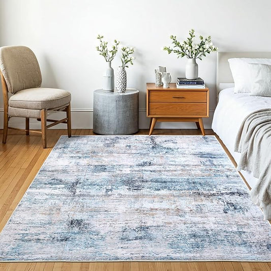Machine Washable Area Rug, Soft & Durable, Non-Slip, Stain Resistant Rug for Bedroom, Living Room, Dining Room, High Traffic Areas. (Blue/White Abstract, 9' X 12')