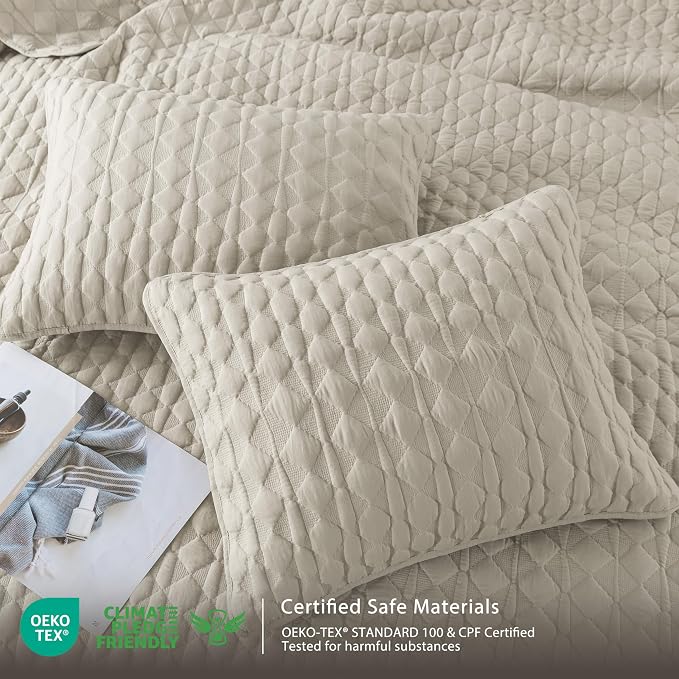 WDCOZY Light Beige Quilts Queen Size Bedding Set with 2 Pillow Shams, Lightweight Soft Full Bedspread Coverlet, Thin Comforter Bed Cover for All Season, 3 Pieces, 90x90 inches