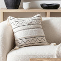 BlissBlush 18X18 Throw Pillow Cover, Cream Neutral Square Decorative Cushion Cover with Black Pattern, Boho Accent Pillowcase with Tufted Details and Tassels for Couch Sofa Living Room (Cover Only)