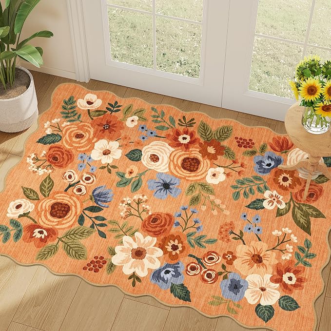 DUKINO 2x3 Rugs for Entryway, Floral Door Mat Washable Kitchen Rugs, Orange | Non Slip, Low Pile, Soft Small Rugs for Entrance, Bedroom, Bathroom, Laundry, Pet Friendly, Non-Shedding, Modern Home Decor