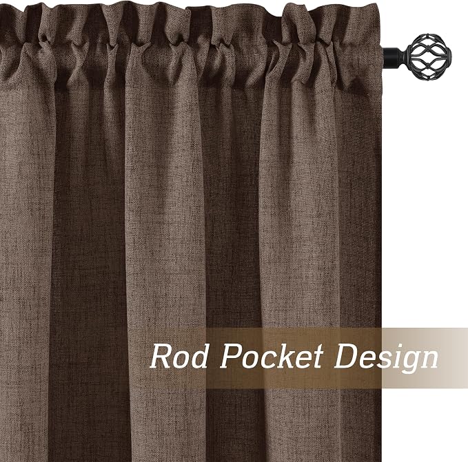 RYB HOME Linen Semi Sheer Curtains 90 inches Long for Living Room | Light Filtering, Half Privacy, Indoor Curtains & Drapes for Bedroom, Brown, W52 x L90, 2 Panels