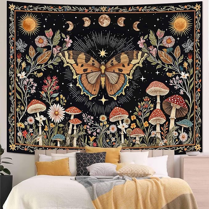 Accnicc Boho Butterfly Tapestry Mushroom Sun and Moon Hippie Wall Tapestry for Bedroom Aesthetic Vintage Floral Plant Large Tapestries Wall Hanging for Dorm Living Room Decor 80 x 60 Inch