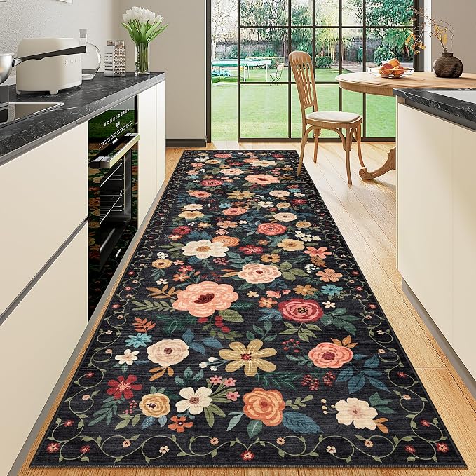DUKINO 3x10 Runner Rug, Floral Washable Kitchen Runner Rug Non Slip, Black | Soft, Low Pile, Stain Resistant Indoor Rug Runner for Hallway, Entryway, Bedroom, Bathroom, Modern Home Decor, Pet Friendly