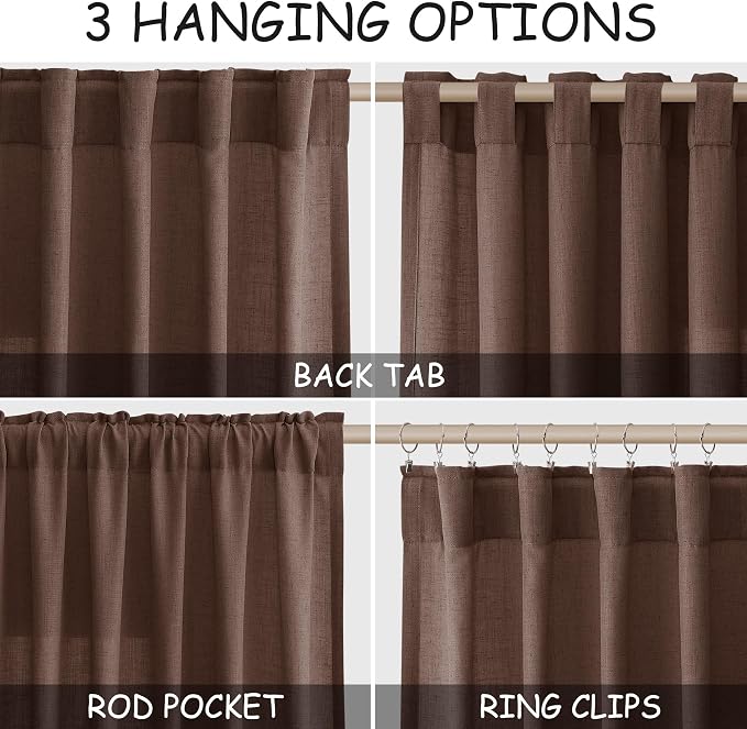 Mocha Mousse Curtains 90 Inch Length 2 Panel Set Back Tab Rod Pocket Linen Boho Semi Sheer Light Filtering Neutral Farmhouse Decor for Living Room and Bedroom 52x90