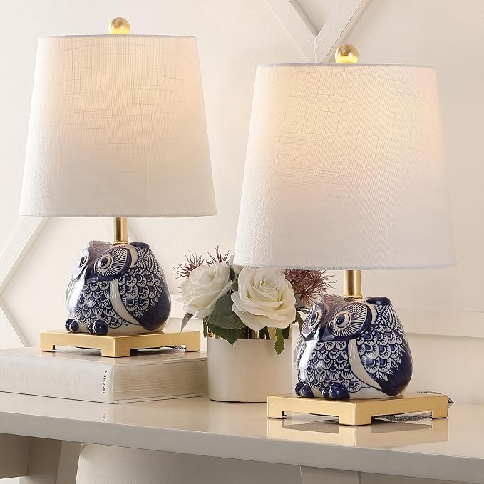 JONATHAN Y Justina Owl Mini Table Lamp 16" Ceramic, Blue/White, Set of 2
