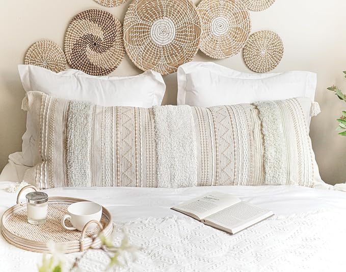 BlissBlush 20X54 Oversized Large Lumbar Pillow Cover for Bed, Rectangular Long Decorative Throw Pillowcase, Cotton Boho Accent Cushion with Tufted Pattern and Tassels, Cream Beige Neutral (Cover Only)