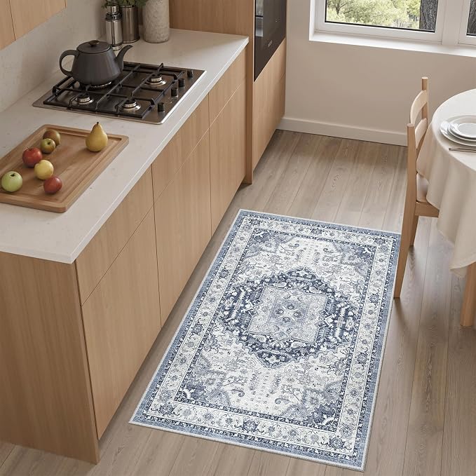 Madane Washable Area Rug 2x3 Small Entryway Rugs Non-Slip, Navy/White | Vintage Stain-Resistant Door Mat Indoor Entrance, Low Pile Floor Carpet for Inside Front Bedroom Kitchen Entry Laundry, Stair