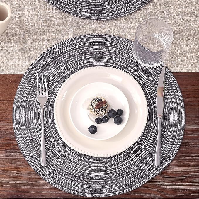 SHACOS Round Braided Placemats Set of 8 Round Table Mats for Dining Tables Non Slip Washable (Black Gray, 8)