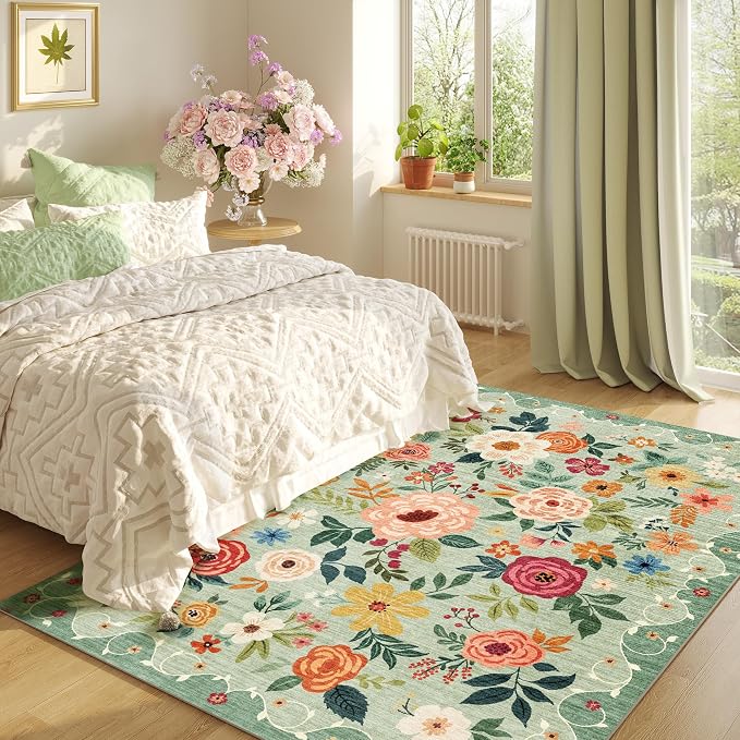 DUKINO 4x6 Area Rug, Floral Washable Rug Non Slip Office Chair Mat, Green | Low Pile, Stain Resistant, Soft Indoor Rug for Bedroom, Living Room, Dining Room, Kids Room, Pet Friendly, Modern Home Decor