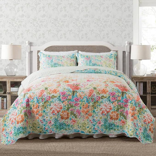 NEWLAKE Quilt Bedspread Sets- Dreamy Flowers Reversible Coverlet Set,Queen Size