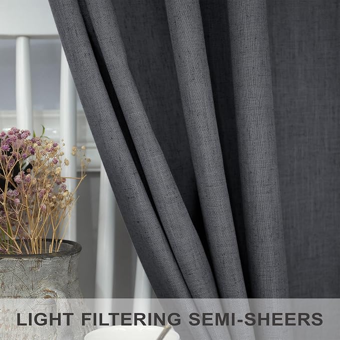 Dark Gray Curtains 108 Inches Long 2 Panels Set for Patio Door 2 Panels Rod Pocket Semi Sheer Linen Lightweight Drapes Charcoal Grey Cotton Textured 9ft Curtain for Dining Room Bedroom Playroom 52x108