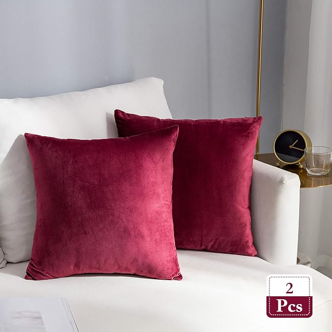 Stellhome Pack of 2 Christmas Decorative Velvet Pillow Covers Square Soft Cushion Covers for Bed Couch Sofa Bench, 22 x 22 inch (55 x 55 cm), Burgundy