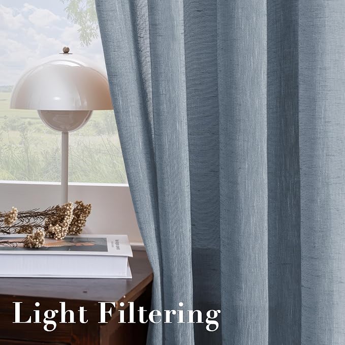 H.VERSAILTEX Semi-Sheer Linen Curtains 63 Inches Long Bedroom Window Treatments for Living Room/Rich Linen Curtain Panels, Classic Nickel Grommet Curtains, 52 by 63 Inch, 2 Panels, Denim