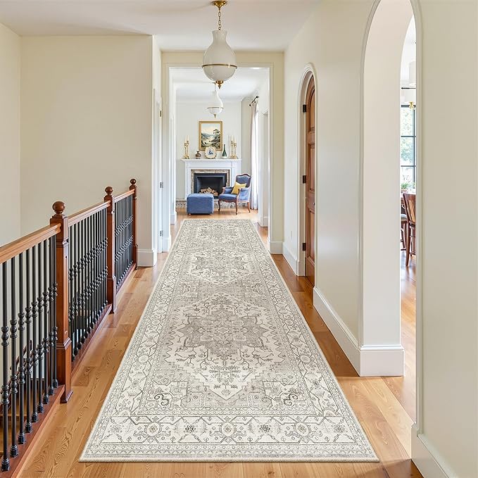 Madane Hallway Runner Rug 3x12 Washable Kitchen Runners 12ft, Beige/Brown | Vintage Non Slip Area Rugs for Hallways, Soft Low-Pile Thin Farmhouse Wide Floor Carpet for Entryway Foyer Bathroom Bedroom