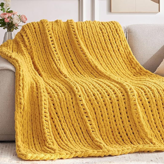 Negwoo Chunky Knit Throw Blanket, Knitted Throw Chenille Yarn, 50"*60" | Soft Thick Cable Knitted Blankets, Handmade Big Thick Blanket, Machine Washable Cute Comfy Blanket for Home Decor, Yellow