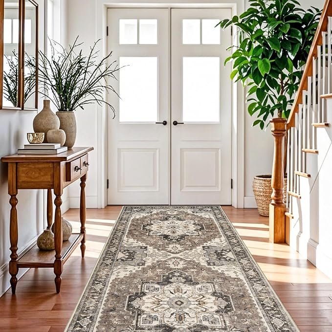 RUUGME Washable 4x10 Runner Rug - Hallway Ultra-Thin Soft Rugs Wide Vintage Stain Resistant Carpet with Non-Slip Rubber Backing Low Pile Indoor Floor Mat for Kitchen Living Room Bedroom (Beige,4x10)