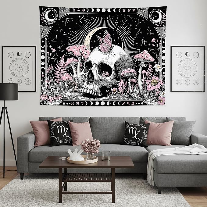 Accnicc Gothic Skull Tapestry Goth Skeleton Butterfly Mushroom Tapestries Wall Hanging Witchy Plant Floral Celestial Constellation Large Tapestry for Bedroom Living Room Dorm 80 x 60 inch