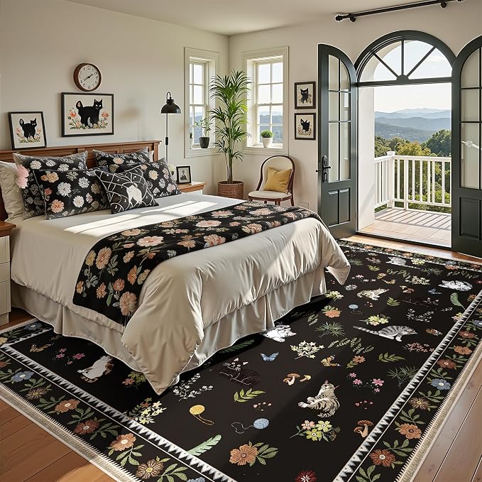 AIMPEAK Large Black 8x10 Washable Area Rug - Non Slip Low Pile Cat Floral Vintage Boho Large Carpet for Living Room, Bedroom, Farmhouse, Dining Room, Nursery, Girls Room, Kids Playroom, Black Multi
