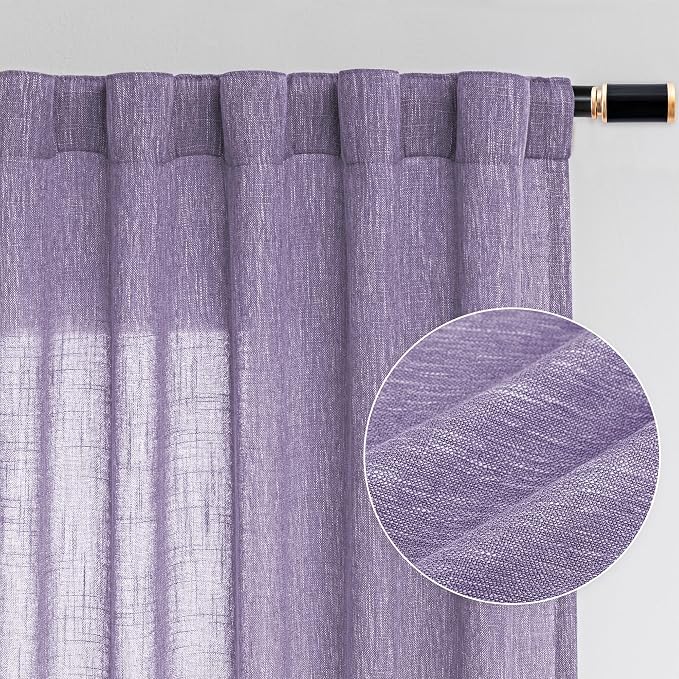 MYSKY HOME Boho Curtains 90 Inch Long Farmhouse Living Room Curtain Drapes, Soft Light Filtering Semi Sheer Window Treatments for Sliding Glass Door Doorways Back Tab, 50" x 90", Purple, Set of 2