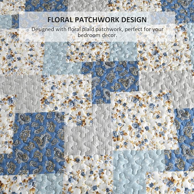 Mybedsoul Boho Quilts Queen Size, Floral Patchwork Bedding Set, Light Blue | Soft Lightweight Microfiber Coverlet Set, 3 Pieces Plaid Reversible Bedspread, Bed Sets for All Seasons 96"x90"