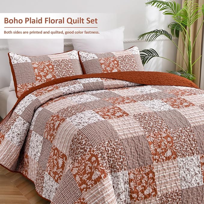 Mybedsoul Burnt Orange Boho Quilt King Size, Patchwork Floral Bedding Set | Soft Lightweight Microfiber Coverlet Set, 3 Pieces Plaid Reversible Bedspread, Bed Sets for All Seasons 90"x110"